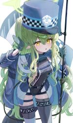 1girl :o absurdres alternate_costume alternate_hairstyle arched_back black_leotard blue_archive blue_hat blue_jacket blue_shrug blue_skirt blush breasts demon_girl demon_tail flag gloves green_gloves green_hair green_halo grey_thighhighs hair_between_eyes halo hand_up hat highres hikari_(blue_archive) holding holding_flag jacket kabedoru leaning_forward leotard loli long_hair long_sleeves looking_at_viewer open_mouth peaked_cap pointy_ears ponytail rabbit_pose short_shorts shorts sideboob sidelocks simple_background skirt small_breasts solo standing sweatdrop tail tail_wrap thigh_strap thighhighs very_long_hair white_background white_shorts yellow_eyes zettai_ryouiki