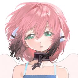 1girl bare_shoulders broken broken_chain chain collar green_eyes highres ikaros looking_at_viewer metal_collar open_mouth pink_hair seasideiiii simple_background solo sora_no_otoshimono upper_body wings