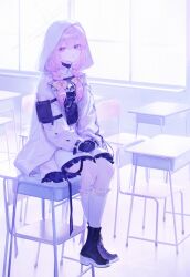 Rule 34 | 14yuruis, 1girl, absurdres, atsuko (blue archive), black boots, black gloves, blue archive, boots, bow, braid, bulletproof vest, classroom, dress, gloves, hair between eyes, hair bow, halo, highres, jacket, kneehighs, long hair, looking at viewer, parted lips, purple hair, red eyes, sitting, socks, solo, twin braids, white dress, white halo, white jacket, white socks, yellow bow