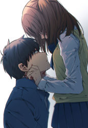 1boy 1girl black_hair blood blood_on_face blood_on_hands blue_eyes blue_ribbon blue_skirt brown_hair crying gakuran hands_on_another&#039;s_face hidden_face highres long_sleeves looking_at_another miniskirt neck_ribbon pleated_skirt ribbon school_uniform shirt short_hair short_twintails sidelocks skirt teardrop tearing_up tears tohno_shiki tsukihime twintails two_side_up vest wasa_(wanosabi) white_shirt yellow_vest yumizuka_satsuki
