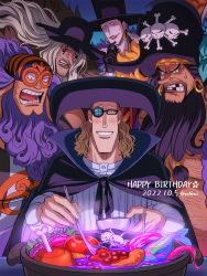5boys apple bad_food bandana beard behind_another black_hair blush boned_meat bowl brown_hair candy cape clenched_teeth coat dark-skinned_male dark_skin doc_q earrings eating eye_mask facial_hair fish fish_(food) food fruit glasses gloves glowing grey_hair hat highres holding holding_bowl hotpot jesus_burgess jewelry lafitte_(one_piece) lollipop long_hair long_nose long_sleeves looking_at_food looking_at_object male_focus manly marshall_d._teach mask mature_male meat medium_hair missing_tooth multiple_boys muscular one_piece open_mouth pie pirate pirate_hat purple_hair shirt short_hair skull_and_crossbones smile swirl_lollipop teeth top_hat upper_body van_augur very_long_hair wrestling_mask youkan_(tako)