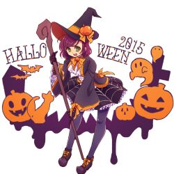 black_pantyhose black_shoes black_skirt bow bowtie dress frilled_dress frilled_skirt frilled_sleeves frills green_eyes halloween halloween_costume hat hosokawa_gracia jack-o&#039;-lantern pantyhose red_hair sengoku_musou shoes skirt smile staff tayu_568 witch_hat