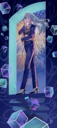 1girl absurdres black_shirt black_shoes blazer blue_eyes blue_hair blue_jacket blue_pants crop_top cropped cube fireworks full_body highres hinomori_shizuku jacket lead_to_shine_more_(project_sekai) long_hair looking_at_viewer official_alternate_costume pants project_sekai qunqingyue shirt shoes sidelocks solo standing suspenders