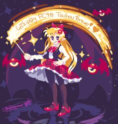 1girl bat_wings black_pantyhose blonde_hair bow comet_summoner98 elis_(touhou) english_text facial_mark flower hair_bow hair_flower hair_ornament long_hair long_sleeves pantyhose pixel_art pointy_ears purple_eyes red_bow red_shoes red_skirt shirt shoes skirt smile solo star_(symbol) touhou touhou_(pc-98) vest wand white_shirt wings