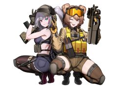 Rule 34 | 2girls, ;d, ankle boots, aqua eyes, ass, assault rifle, bare arms, bare shoulders, battle rifle, black footwear, black gloves, blue shorts, boots, brown hair, brown shorts, brown thighhighs, bullpup, cero (last2stage), commission, desert tech mdr, double bun, full body, girls&#039; frontline, gloves, grey hair, gun, hair bun, hat, heterochromia, highres, holding, holding gun, holding weapon, long hair, long sleeves, looking at viewer, mdr (ddos attack force) (girls&#039; frontline), mdr (girls&#039; frontline), military combat uniform, military uniform, multicolored hair, multiple girls, one eye closed, open mouth, p90, p90 (girls&#039; frontline), p90 (phantasmal vanguard) (girls&#039; frontline), pantyhose, parted lips, personal defense weapon, ponytail, purple pantyhose, red eyes, red hair, rifle, short shorts, shorts, smile, squatting, streaked hair, submachine gun, thighhighs, thighs, v, weapon, white background, yellow gloves