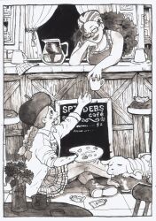 Rule 34 | 2girls, ^ ^, animal, apron, attyrocious, blush, closed eyes, commentary, cup, curly hair, dog, english commentary, glasses, greyscale, head rest, headscarf, holding, holding cup, holding paint palette, lassoo (one piece), making-of available, miss goldenweek, monochrome, multiple girls, one piece, paint palette, paula (one piece), sitting, skirt, twintails