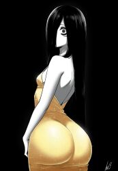Rule 34 | 1girl, absurdres, ass, bags under eyes, bare arms, bare shoulders, black hair, breasts, colored skin, dress, from behind, ghost girl, gold dress, grey skin, hair over one eye, highres, huge ass, large breasts, long hair, looking at viewer, looking back, lughost, pale skin, signature, simple background, small breasts, solo, the ring, very long hair, yamamura sadako