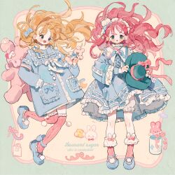 2girls :o animal_bag ankle_cuffs ankle_socks aqua_headwear baby_bottle backpack bag blonde_hair bloomers blue_bow blue_bowtie blue_coat blue_dress blue_eyes blue_footwear blush_stickers bottle bow bow_legwear bowtie buttons candy candy_cane center_frills clothes_lift coat coat_bow collar commentary commission cross-laced_clothes cross-laced_dress cross-laced_footwear dress dress_lift english_commentary english_text eyeshadow floating_hair food frilled_collar frilled_dress frilled_footwear frilled_sleeves frills full_body green_background hair_bow hair_ornament hand_in_pocket hat hat_bow high_collar highres holding holding_unworn_clothes holding_unworn_hat layered_sleeves leg_up lolita_fashion long_hair long_sleeves looking_at_object looking_at_viewer makeup mary_janes multiple_girls open_mouth original pink_bag pink_bow pink_eyeshadow pink_hair pink_socks pink_thighhighs pocket pom_pom_(clothes) putong_xiao_gou rabbit_hair_ornament ribbon-trimmed_coat ribbon_trim shoes short_dress smile socks straight-on stuffed_animal stuffed_rabbit stuffed_toy sun_hat thighhighs two-tone_background underwear unworn_hat unworn_headwear white_bloomers white_collar white_headdress wide_sleeves yellow_background