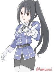 Rule 34 | 1girl, black eyes, black hair, black ribbon, black skirt, emuwai, gloves, jacket, kantai collection, long hair, military uniform, nachi (kancolle), one-hour drawing challenge, pantyhose, pencil skirt, purple jacket, reaching, reaching towards viewer, ribbon, side ponytail, simple background, skirt, solo, twitter username, white background, white gloves, white pantyhose
