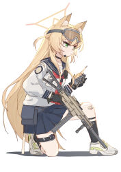absurdres animal_ears blonde_hair blue_archive green_eyes gun h&amp;k_ump headphones highres kurumi_(blue_archive) long_hair mask sailor sao7 school_uniform submachine_gun walkie-talkie weapon