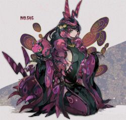 1girl antennae artist_name black_dress black_eyes black_hair breasts bug closed_mouth colored_sclera commentary_request covered_navel dress eyeshadow fake_antennae full_body gen_5_pokemon half-closed_eyes hands_up kantarou_(8kan) kneeling looking_at_viewer makeup medium_breasts multicolored_hair nail_polish nintendo pelvic_curtain personification pokedex_number pokemon pokemon_(creature) purple_eyes purple_hair purple_thighhighs red_nails scolipede seiza sideboob signature sitting solo_focus thighhighs turtleneck two-tone_hair venipede whirlipede yellow_sclera