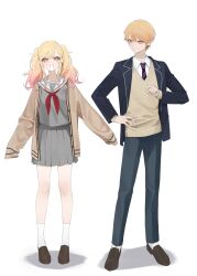 Rule 34 | 1boy, 1girl, :d, absurdres, black necktie, blonde hair, brother and sister, brown cardigan, brown shoes, brown sweater, cardigan, collared shirt, commentary, diagonal-striped clothes, diagonal-striped necktie, double-parted bangs, full body, gradient hair, grey serafuku, grey shirt, grey skirt, grin, hair between eyes, hair over shoulder, hand on own hip, highres, kamiyama high school uniform (project sekai), kneehighs, layered sleeves, legs apart, loafers, long hair, long sleeves, looking at another, looking at viewer, miniskirt, miyamasuzaka girls&#039; academy school uniform, multicolored hair, neckerchief, necktie, open cardigan, open clothes, open mouth, orange eyes, orange hair, outstretched arms, pink eyes, pink hair, pleated skirt, project sekai, puffy long sleeves, puffy sleeves, red neckerchief, red necktie, sa tsuko, school uniform, serafuku, shadow, shirt, shoes, short hair, siblings, sidelocks, simple background, skirt, sleeves past fingers, sleeves past wrists, smile, socks, standing, striped clothes, sweater, symbol-only commentary, tenma saki, tenma tsukasa, twintails, two-tone hair, very short hair, white background, white shirt, white socks