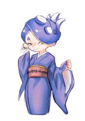 1girl alternate_hairstyle blue_hair cropped_legs eyeliner flower_kokko japanese_clothes kimono long_sleeves looking_to_the_side makeup nintendo octoling red_eyes shiver_(splatoon) sketch smile solo splatoon_(series) splatoon_3 tentacle_hair white_background wide_sleeves