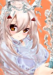 alternate_breast_size ayanami_(azur_lane) azur_lane bikini bikini_under_clothes breasts hair_ornament highres holding holding_hose hose large_breasts looking_at_viewer orange_background orange_eyes shirt simple_background smile swimsuit thsr_sawa_taki water wet wet_clothes wet_shirt white_hair