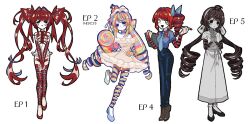 4girls :d aida_(aidacamelia0516) ankle_boots asymmetrical_footwear asymmetrical_gloves bags_under_eyes bare_shoulders belt black_belt black_eyes black_mouth black_pants black_shoes blue_bow blue_necktie blue_shirt blue_shoes boots bow breasts bridal_gauntlets bright_pupils brown_boots candy center_frills cherry_hair_ornament choker clipboard closed_mouth colored_skin commentary dress drill_hair english_commentary food food-themed_hair_ornament frilled_leotard frills full_body fur-trimmed_dress fur_trim gangle_(the_amazing_digital_circus) gloves green_shoes hair_bow hair_intakes hair_ornament hairband heterochromia high_heels highres holding holding_candy holding_clipboard holding_food holding_lollipop holding_pen hollow_eyes humanization interlocked_fingers leotard lollipop long_dress long_hair medium_hair mismatched_footwear mismatched_gloves mismatched_pupils multicolored_hair multiple_girls multiple_persona necktie off-shoulder_dress off_shoulder open_mouth orange_dress orange_gloves own_hands_clasped own_hands_together pants pen pink_gloves rainbow_hair red_bow red_choker red_hair red_ribbon red_shoes ribbon shirt shirt_tucked_in shoes short_dress side_drill sidelocks simple_background skinny small_breasts smile standing standing_on_one_leg straight-on streaked_hair swirl_lollipop the_amazing_digital_circus tiptoes twin_drills twintails v_arms very_long_hair white_background white_dress white_eyes white_facepaint white_hairband white_leotard white_pupils white_skin
