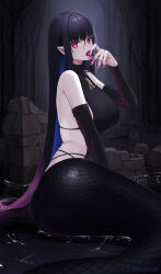 1girl artist_name backless_dress backless_outfit bare_shoulders black_dress black_hair blue_hair blunt_bangs breasts broken_wall colored_inner_hair detached_sleeves dress earrings fangs fingernails forked_tongue highres ironatsuki jewelry lamia large_breasts long_fingernails long_hair long_sleeves looking_at_viewer monster_girl multicolored_hair nail_polish necklace open_mouth original pink_eyes pink_nails pointy_ears shallow_water skindentation slit_pupils solo tongue tongue_out twitter_username two-tone_hair very_long_hair water