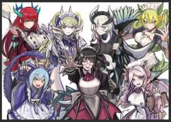 6+girls apron black_hair blue_hair blush breasts chamber_dragonmaid commentary_request detached_collar dragon_girl dragon_horns dragon_tail dress duel_monster eastern_dragon_horns green_hair grey_hair group_picture hair_between_eyes hat highres horns house_dragonmaid japanese_clothes kimono kitchen_dragonmaid lace-trimmed_apron lace_trim large_breasts lattice_dragonmaid laundry_dragonmaid long_hair long_sleeves looking_at_viewer maid maid_apron maid_day maid_headdress mixed_maids multiple_girls nurse_cap nurse_dragonmaid open_mouth parlor_dragonmaid pink_eyes pink_hair red_hair shiina_aono sidelocks smile tail twintails wa_maid yellow_eyes yu-gi-oh!