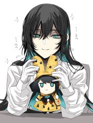 Rule 34 | 1girl, ado (utaite), black hair, blue hair, chando (ado), character doll, colored inner hair, commentary request, doll, gloves, gunjyou (gunjyou 00), highres, long hair, long sleeves, mole, mole under eye, multicolored hair, shirt, solo, upper body, utaite, white gloves, white shirt