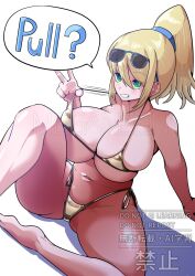1girl bikini bikini_top_lift blonde_hair bloom breasts cleavage clothes_lift english_text eyebrows_hidden_by_hair eyewear_on_head gold_bikini golden_week green_eyes hair_between_eyes highres huge_breasts knee_up lifting_own_clothes looking_ahead medium_hair meganeon motion_lines navel open_mouth original ponytail shadow simple_background sitting skindentation smile solo speech_bubble stomach sunglasses swimsuit teeth white_background
