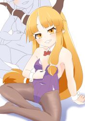 1girl absurdres alternate_costume blonde_hair blunt_bangs blush bow bowtie breasts brown_horns brown_pantyhose collar commentary_request covered_navel detached_collar full_body grin highres horns ibuki_suika kurohiba leotard long_hair looking_at_viewer low-tied_long_hair no_shoes pantyhose playboy_bunny pointy_ears purple_leotard red_bow red_bowtie sidelocks simple_background small_breasts smile solo strapless strapless_leotard touhou very_long_hair white_background white_collar wrist_cuffs yellow_eyes zoom_layer