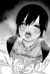 1girl absurdres blush collarbone collared_sweater commentary_request cum cum_in_mouth cum_on_body facial forked_tongue greyscale hair_between_eyes highres looking_at_viewer monochrome one_eye_closed open_mouth original own_hands_together short_hair solo sweater tongue untsuku