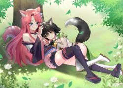 2girls absurdres animal_ears black_hair blue_eyes boots cape chiadan7 commission commissioner_upload fox_archer_(sakura_dungeon) fox_ears fox_girl fox_tail head_on_another&#039;s_chest headpat highres japanese_clothes kimono lying multiple_girls non-web_source pink_hair sakura_dungeon smile tail thigh_boots thighhighs tree yellow_eyes yomi_(sakura_dungeon) yuri