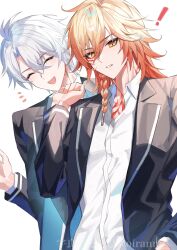 ! 2boys alternate_costume antenna_hair bag black_jacket blonde_hair braid chest_tattoo closed_eyes collared_shirt commentary facial_tattoo gradient_hair hair_between_eyes highres holding holding_bag honkai:_star_rail honkai_(series) jacket long_sleeves looking_at_viewer male_focus medium_hair multicolored_hair multiple_boys mydei_(honkai:_star_rail) notice_lines open_clothes open_jacket phainon_(honkai:_star_rail) red_hair red_tattoo school_uniform shirt short_hair side_braid tattoo urasozopi watermark white_hair white_shirt yellow_eyes