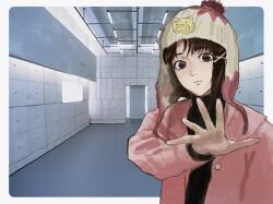 Rule 34 | 1girl, asymmetrical hair, bingi, brown eyes, brown hair, closed mouth, coat, expressionless, hair ornament, hairclip, hat, highres, indoors, iwakura lain, jamiroquai, long sleeves, looking at viewer, meme, photo-referenced, pink coat, reaching, reaching towards viewer, serial experiments lain, short hair, single sidelock, solo, sweater, turtleneck, turtleneck sweater, upper body, virtual insanity (song), x hair ornament