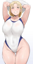 1girl armpits blonde_girl_(okpriko) blonde_hair blue_eyes blue_one-piece_swimsuit breasts commentary covered_navel gluteal_fold half-closed_eyes highleg highleg_one-piece_swimsuit highres large_breasts looking_at_viewer okpriko one-piece_swimsuit original shirt short_hair simple_background solo swimsuit thigh_gap two-tone_one-piece_swimsuit undressing white_one-piece_swimsuit white_shirt