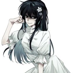 1girl black_hair breasts chinese_commentary colored_inner_hair commentary_request dong_tao_xi_de_taluo_pai dress flower frilled_sleeves frills genderswap genderswap_(mtf) grin hair_flower hair_ornament highres long_hair mole mole_under_eye multicolored_hair puffy_short_sleeves puffy_sleeves shaded_face short_sleeves simple_background small_breasts smile solo touqi_guaitan upper_body variant_set white_background white_dress white_flower ziche_fuzhao