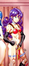 Rule 34 | 2girls, armor, bikini armor, blue eyes, blue hair, breasts, choker, commentary request, dragon quest, dragon quest iii, elbow gloves, fingerless gloves, gloves, kabashima yousuke, long hair, looking at viewer, multiple girls, muscular, muscular female, navel, purple hair, small breasts, solo focus, warrior (dq3)