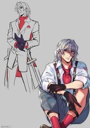 Rule 34 | 1boy, antonio salieri (fate), antonio salieri (second ascension) (fate), artist name, ascot, black gloves, borrowed design, closed mouth, collared shirt, crossed ankles, fate/grand order, fate (series), frown, glasses, gloves, grey background, grey hair, grey shorts, hair between eyes, hair intakes, half updo, handkerchief, kiritachi, knees up, lapels, legwear garter, long sleeves, looking at viewer, male focus, multiple views, notched lapels, pants, red ascot, red eyes, red socks, semi-rimless eyewear, shirt, short hair, shorts, simple background, sitting, socks, suspenders, twitter username, under-rim eyewear, white shirt, wing collar