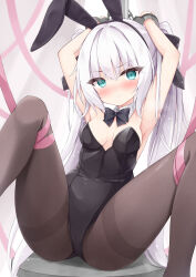 1girl animal_ear_hairband animal_ears black_bow black_bowtie black_leotard black_pantyhose bow bowtie breasts cuffs detached_collar fake_animal_ears feet_out_of_frame green_eyes hairband handcuffs highres leotard looking_at_viewer medium_breasts mochizuki_riku original pantyhose playboy_bunny rabbit_ears solo spread_legs strapless strapless_leotard thighband_pantyhose twintails white_hair