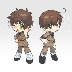2boys ahoge axis_powers_hetalia bandaged_leg bandages belt black_belt black_boots black_necktie black_shoes blush_stickers boots breast_pocket brown_hair brown_jacket brown_pants brown_shirt chibi chibi_only clenched_hand closed_mouth collared_shirt commentary_request full_body green_eyes grey_background hair_between_eyes hand_on_own_hip hand_up highres intillate jacket lapels looking_at_viewer male_focus military_jacket military_uniform multiple_boys necktie one_eye_closed open_mouth pants pocket puffy_short_sleeves puffy_sleeves shirt shoes short_hair short_sleeves smile southern_italy_(hetalia) spain_(hetalia) sparkle_background standing v-shaped_eyebrows