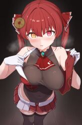 1girl @_@ armpit_crease arrow_through_heart bare_shoulders black_thighhighs blush breasts cleavage clothes_pull collarbone covered_navel cowboy_shot gloves hair_between_eyes hair_ribbon hands_up heterochromia highleg highleg_leotard highres hololive houshou_marine houshou_marine_(1st_costume) hypnosis jacket jacket_pull large_breasts left_(left_sio) leotard leotard_under_clothes looking_at_viewer microskirt mind_control neck_ribbon parted_lips pendulum pink_eyes pleated_skirt red_hair red_jacket red_ribbon red_skirt ribbon see-through_clothes see-through_leotard skirt sleeveless sleeveless_jacket solo thighhighs twintails white_gloves yellow_eyes zettai_ryouiki