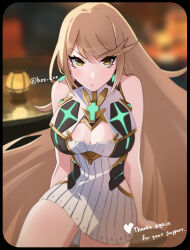 1girl arms_at_sides artist_name blonde_hair blurry blurry_background breasts cleavage commentary_request core_crystal_(xenoblade) english_text hey_cre highres large_breasts long_hair looking_at_viewer mythra_(xenoblade) solo very_long_hair xenoblade_chronicles_(series) xenoblade_chronicles_2 yellow_eyes
