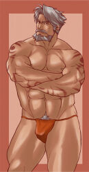 Rule 34 | 1boy, abs, adray lasbard, arm markings, bara, bare pectorals, beard, biceps, bulge, closed mouth, collarbone, commentary request, crossed arms, facial hair, fundoshi, grey hair, japanese clothes, looking at viewer, lowres, magnum feering, male focus, muscular, muscular male, navel, nipples, pectorals, red fundoshi, smile, star ocean, star ocean till the end of time, topless male