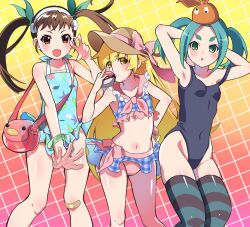 3girls absurdres aqua_hair aqua_one-piece_swimsuit bag bikini black_one-piece_swimsuit blonde_hair breasts brown_eyes brown_hair casual_one-piece_swimsuit covered_navel fang frilled_bikini frills googly_eyes gradient_background green_eyes hachikuji_mayoi hat highres long_hair looking_at_viewer mashimaro_tabetai monogatari_(series) multiple_girls one-piece_swimsuit ononoki_yotsugi orange_hat oshino_shinobu pink_bikini red_eyes school_swimsuit skin_fang small_breasts striped_clothes striped_thighhighs sun_hat swimsuit thighhighs twintails v