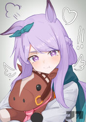 ! !! 1girl absurdres artist_logo bow braid commentary ear_bow grey_background heart highres holding holding_stuffed_toy jtleeklm logo long_hair looking_at_viewer mejiro_mcqueen_(umamusume) pout puff_of_air purple_eyes purple_hair scarf solo stuffed_animal stuffed_toy swept_bangs umamusume upper_body