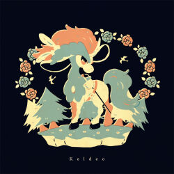 animal_focus belt blue_background brooch character_name creature creatures_(company) flower game_freak gen_5_pokemon hooves jewelry keldeo legendary_pokemon limited_palette manami_(uovoegg) mythical_pokemon nintendo no_humans pine_tree pokemon pokemon_(creature) rapier ribbon solo sword tree weapon