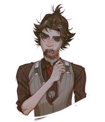 Rule 34 | 1boy, absurdres, arcane: league of legends, brown hair, brown shirt, cropped torso, eating, fangs, food, hand up, highres, holding, holding food, holding popsicle, league of legends, male focus, necktie, ponytail, popsicle, red eyes, red necktie, shirt, short hair, short ponytail, simple background, solo, treslech3s, upper body, vest, viktor (league of legends), white background, white vest