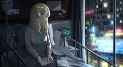 1girl absurdres bed blanket blonde_hair blue_eyes blurry blurry_background building cable cardigan chest_of_drawers commentary_request curtains depth_of_field double-parted_bangs electrical_outlet headboard highres holding holding_photo hospital hospital_bed intravenous_drip letter long_hair long_sleeves looking_outside messy_hair miyazono_kawori night open_cardigan open_clothes parted_lips pen photo_(object) pillow plant potted_plant rabbit_sticker rain reclining sad shigatsu_wa_kimi_no_uso shirt solo sticker sticky_note tbyjpg under_covers water_drop water_on_glass white_cardigan white_shirt window