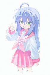 Rule 34 | 1girl, ahoge, d omm, highres, izumi konata, long hair, long sleeves, looking at viewer, lucky star, red sailor collar, sailor collar, salute, school uniform, solo, two-finger salute, white background