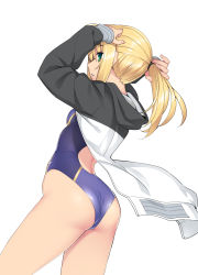 1girl ahoge arms_up artoria_pendragon_(fate) artoria_pendragon_(swimsuit_archer)_(fate) artoria_pendragon_(swimsuit_archer)_(second_ascension)_(fate) ass blonde_hair blue_one-piece_swimsuit blush breasts competition_swimsuit fate/stay_night fate_(series) green_eyes highleg highleg_one-piece_swimsuit highres hood hooded_jacket jacket long_hair long_sleeves looking_at_viewer looking_back namonashi one-piece_swimsuit open_clothes open_jacket saber_(fate) saber_(summer_battle_clothes)_(fate) sidelocks small_breasts solo swimsuit white_background
