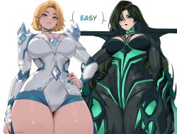 2girls absurdres armor black_hair blonde_hair blue_eyes blue_lips blue_nails bodysuit breasts cape choker cleavage corset diamond_(gemstone) diamond_earrings earrings emma_frost english_text from_below green_eyes hela_(marvel) highres jewelry kalennoir large_breasts leotard lipstick long_hair long_sleeves looking_at_viewer makeup marvel marvel_rivals multicolored_leotard multiple_girls short_hair simple_background smile superhero_costume thick_thighs thighs white_background white_corset