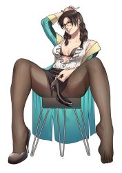 1girl absurdres alternate_costume arm_up black-framed_eyewear black_bra black_hair black_shoes black_skirt blue_robe bra bracelet braid breasts brown_pantyhose fingernails frilled_shirt_collar frills from_below full_body glasses hanny_(uirusu_chan) high_heels highres jewelry julia_chang lips medium_breasts medium_hair namco open_clothes open_robe pantyhose pencil_skirt plunging_neckline robe shoes sitting skirt solo spread_legs stiletto_heels stool tekken toes twin_braids underwear unworn_shoe unworn_shoes white_background