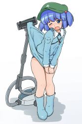 1girl blue_boots blue_eyes blue_hair blue_shirt blue_skirt blush boots clenched_hands clothes_lift clothes_pull frills green_hat hair_bobbles hair_ornament hat highres holding holding_unworn_clothes kawashiro_nitori key knees_together_feet_apart long_sleeves nose_blush one_eye_closed open_mouth pigeon-toed pocket shirt short_hair simple_background skirt skirt_lift solo standing swimsuit swimsuit_under_clothes touhou turnip_kabura two_side_up vacuum_cleaner