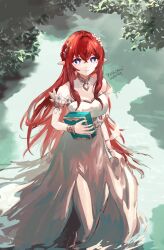 1girl bare_shoulders blue_eyes breasts bright_pupils cleavage closed_mouth dress flower hair_flower hair_ornament highres holding honkai:_star_rail honkai_(series) lake looking_up oshitoriyuni pointy_ears red_hair smile solo standing tribios_(honkai:_star_rail) water white_dress white_pupils