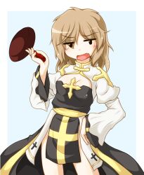 1girl arch_bishop_(ragnarok_online) black_dress black_eyes blue_background blush breasts brown_hair cleavage cleavage_cutout clothing_cutout cowboy_shot cross dress frying_pan highres holding holding_frying_pan juliet_sleeves long_sleeves looking_at_viewer medium_breasts open_mouth puffy_sleeves ragnarok_online sash solo two-tone_background two-tone_dress white_background white_dress yellow_sash yoshihiro-m
