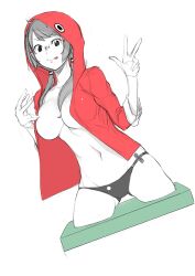 1girl absurdres black_panties breasts glasses greyscale highres hood hoodie isone_kotoha long_hair looking_at_viewer monochrome navel panties red_hoodie simple_background smile solo spot_color twintails underwear v white_background yasuda_suzuhito yozakura_quartet
